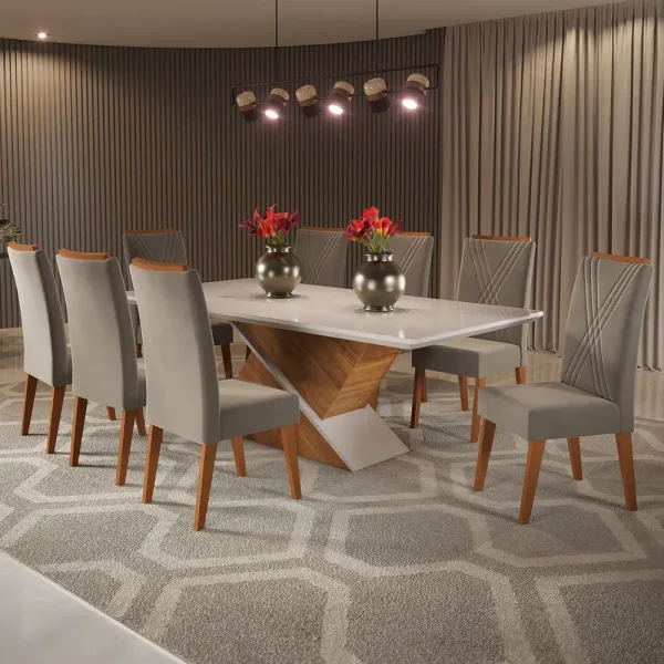 Mesa de Jantar 8 Cadeiras Easy com Vidro Mel/Perola/Off White - Viero Móveis