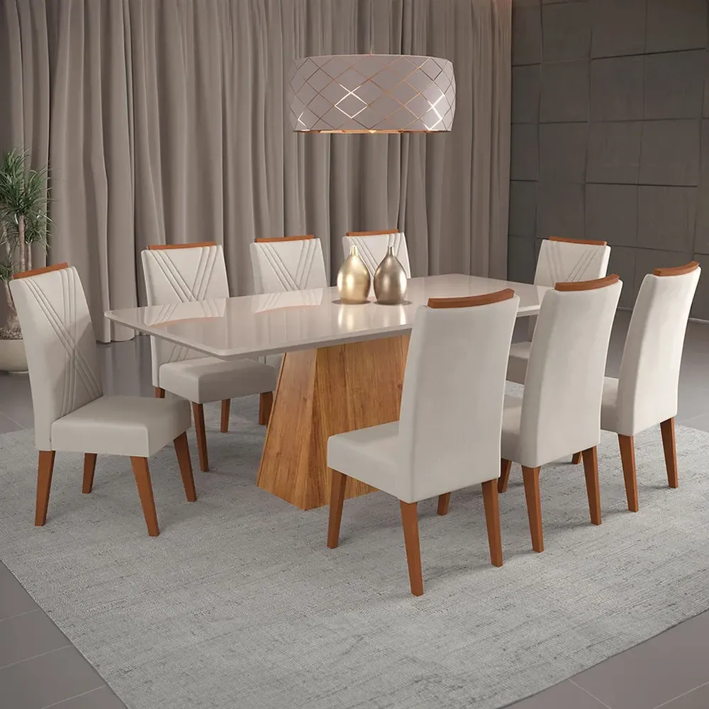 Mesa de Jantar 8 Cadeiras Barth com Vidro Mel/Marfim/Off White - Viero Móveis - 1