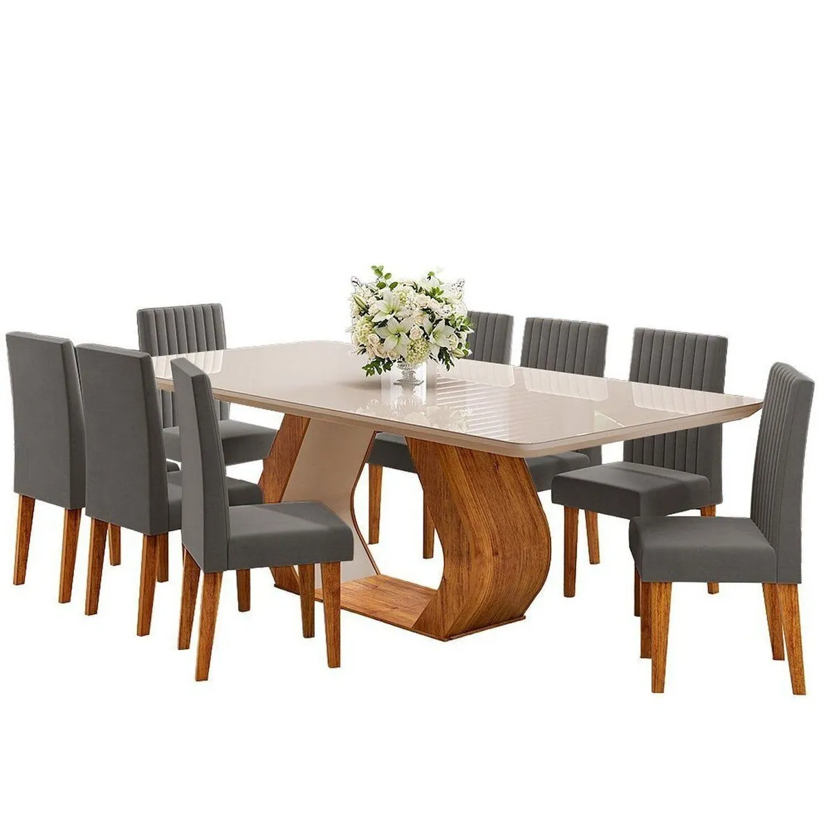 Mesa de Jantar 8 Cadeiras Tampo em Vidro e MDF Renova Cinza/Mel/Off White - Viero Móveis  - 2