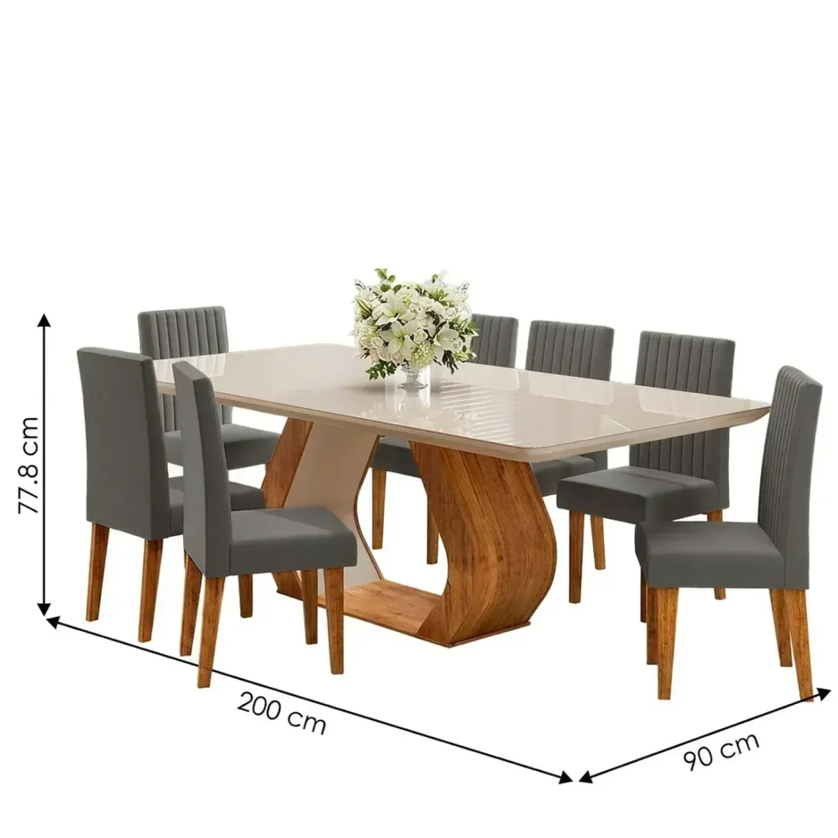 Mesa de Jantar 8 Cadeiras Tampo em Vidro e MDF Renova Cinza/Mel/Off White - Viero Móveis  - 3