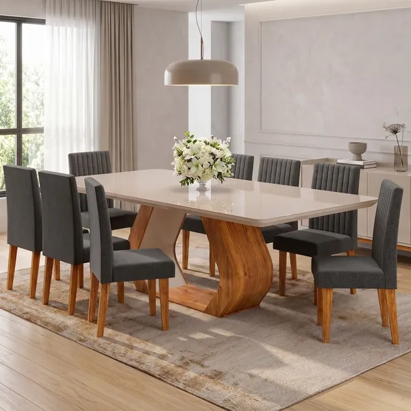 Mesa de Jantar 8 Cadeiras Tampo em Vidro e MDF Renova Cinza/Mel/Off White - Viero Móveis 