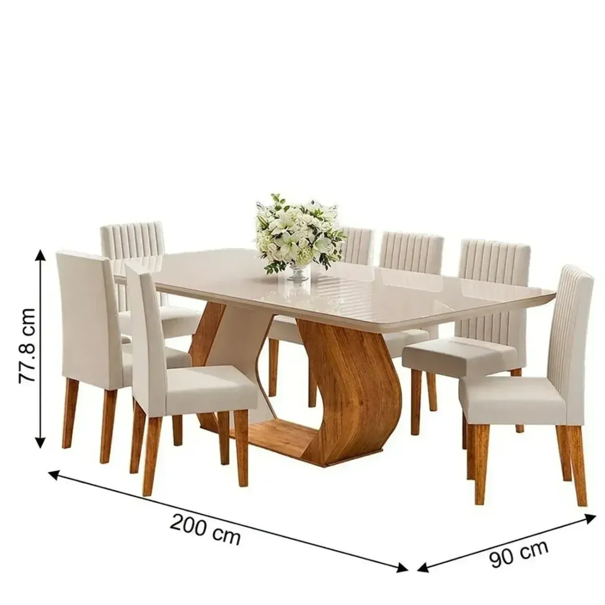 Mesa de Jantar 8 Cadeiras Tampo em Vidro e MDF Renova Mel/Off White - Viero Móveis  - 3