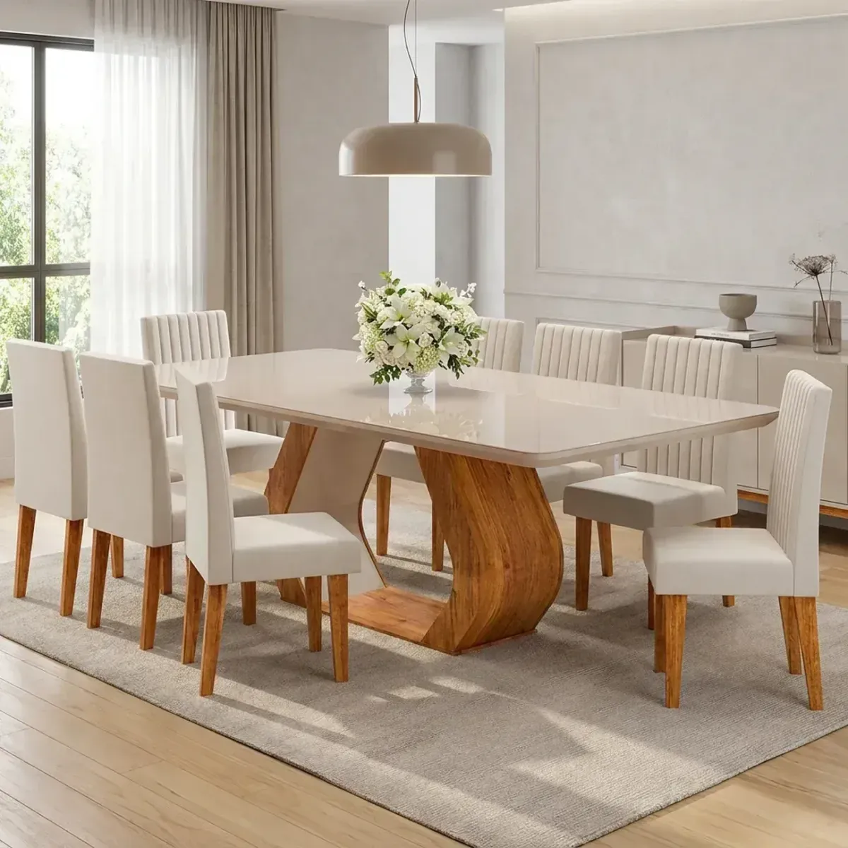Mesa de Jantar 8 Cadeiras Tampo em Vidro e MDF Renova Mel/Off White - Viero Móveis  - 1