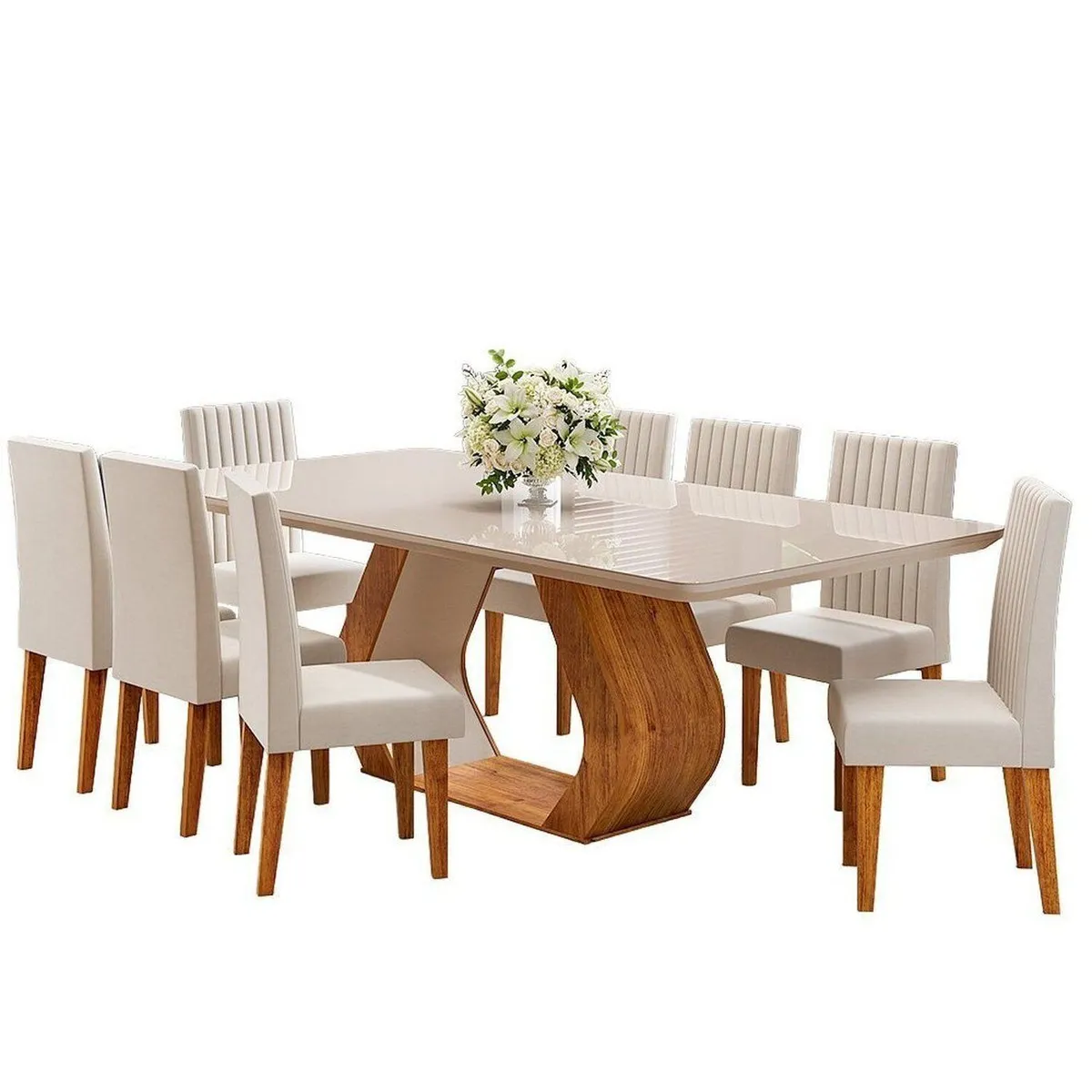 Mesa de Jantar 8 Cadeiras Tampo em Vidro e MDF Renova Mel/Off White - Viero Móveis  - 2
