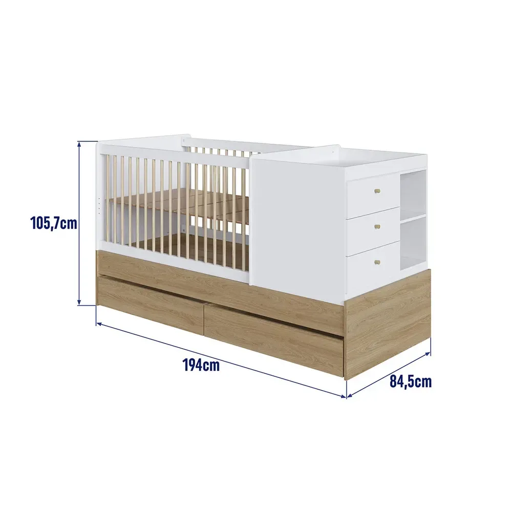 Berço Cama Bebê Multifuncional 3 Gavetas Aveiro Oak/Branco - Completa Móveis - 3