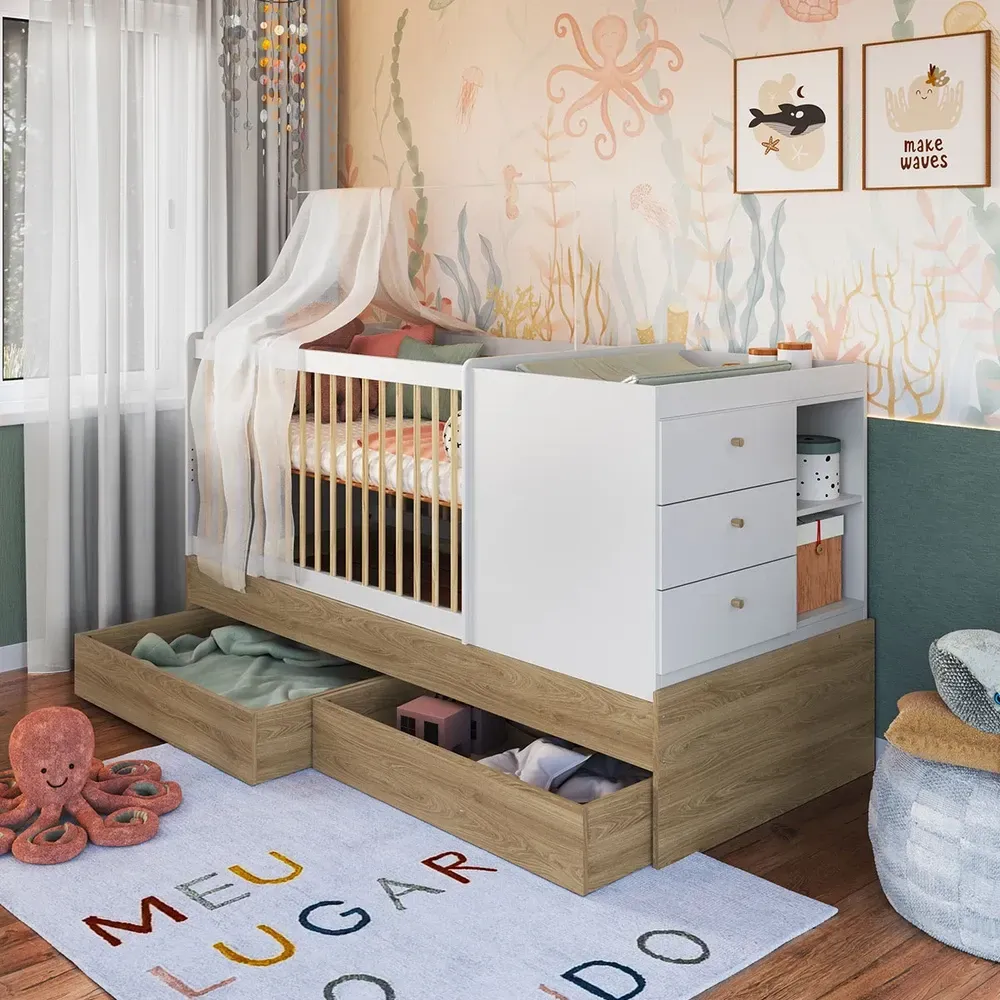 Berço Cama Bebê Multifuncional 3 Gavetas Aveiro Oak/Branco - Completa Móveis - 1