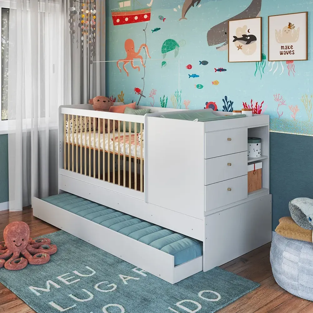 Berço Bebê Multifuncional 3 Gavetas com Cama Auxiliar Branco - Completa Móveis - 1