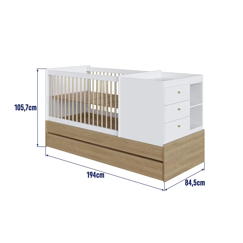 Berço Bebê Multifuncional 3 Gavetas com Cama Auxiliar Aveiro Oak/Branco - Completa Móveis - 3