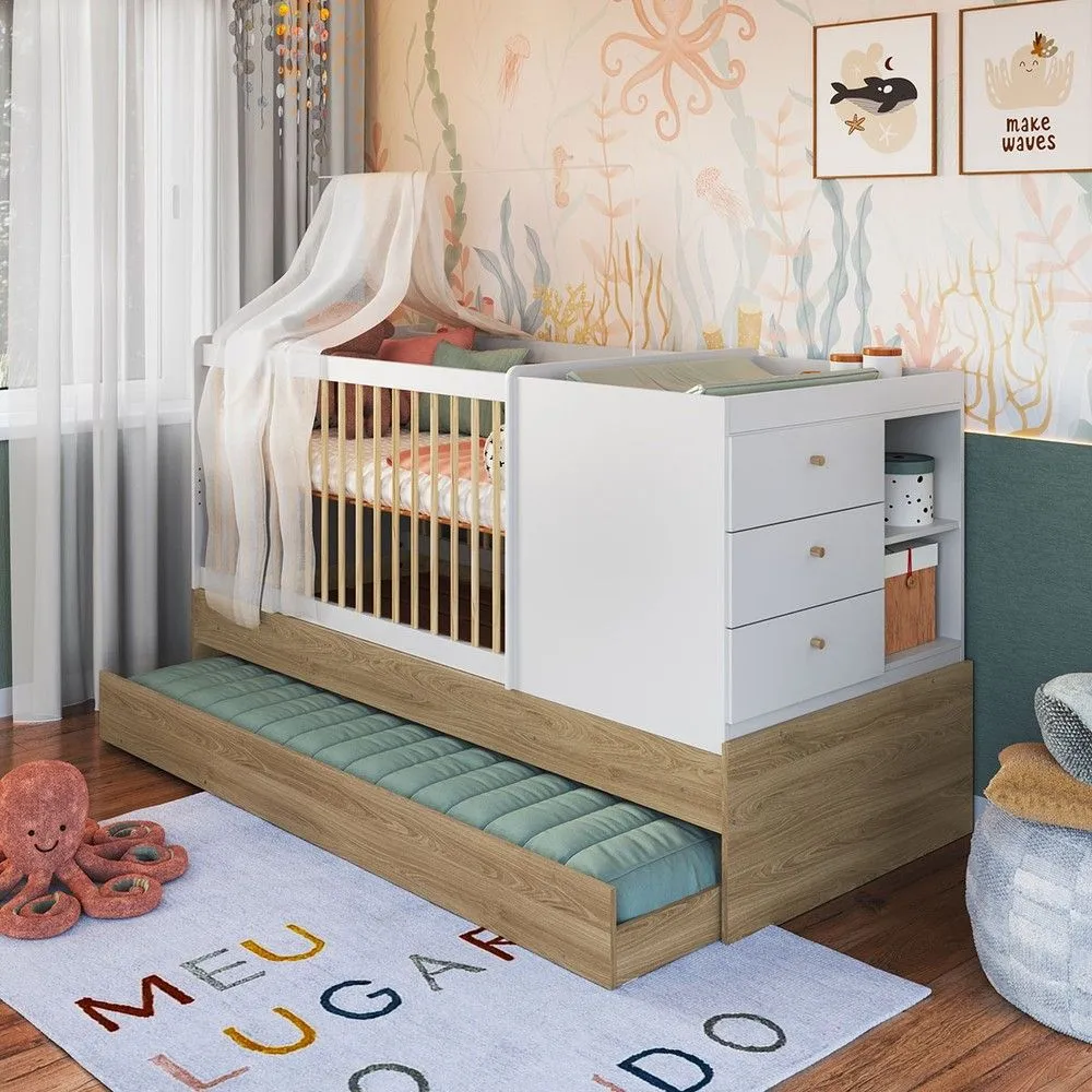 Berço Bebê Multifuncional 3 Gavetas com Cama Auxiliar Aveiro Oak/Branco - Completa Móveis - 1