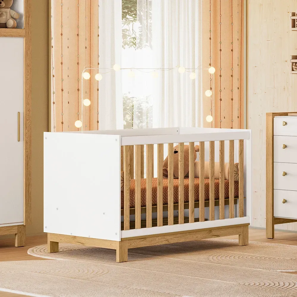 Berço Mini Cama 2 em 1 Encanto Branco Acetinado/Freijó - Qmovi - 1