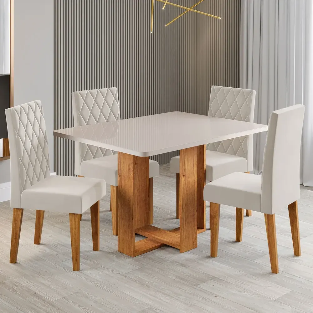 Mesa de Jantar 4 Lugares Afrodite Mel/Blonde/Veludo Pastel - Viero Móveis - 1