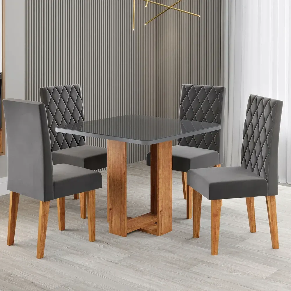 Mesa de Jantar 4 Lugares Magiore Mel/Cinza/Veludo Cinza - Viero Móveis - 1