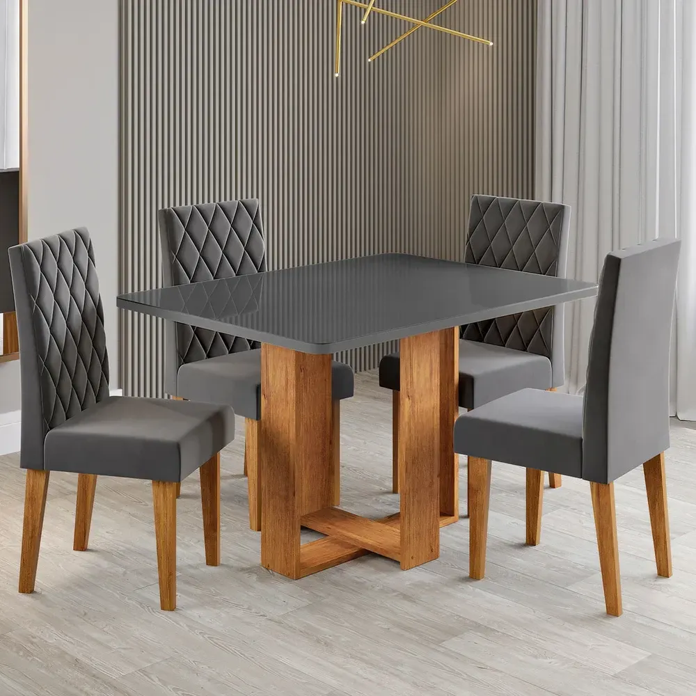 Mesa de Jantar 4 Lugares Afrodite Mel/Cinza/Veludo Cinza - Viero Móveis - 1