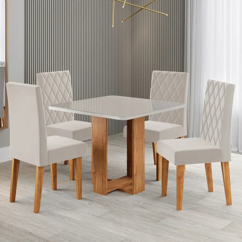 Mesa de Jantar 4 Lugares Magiore Mel/Blonde/Veludo Pastel - Viero Móveis - 1