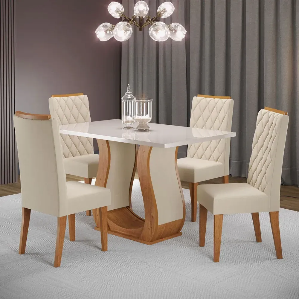 Mesa de Jantar 4 Lugares Capitani com Vidro Mel/Off White/Veludo Pastel - Viero Móveis - 1