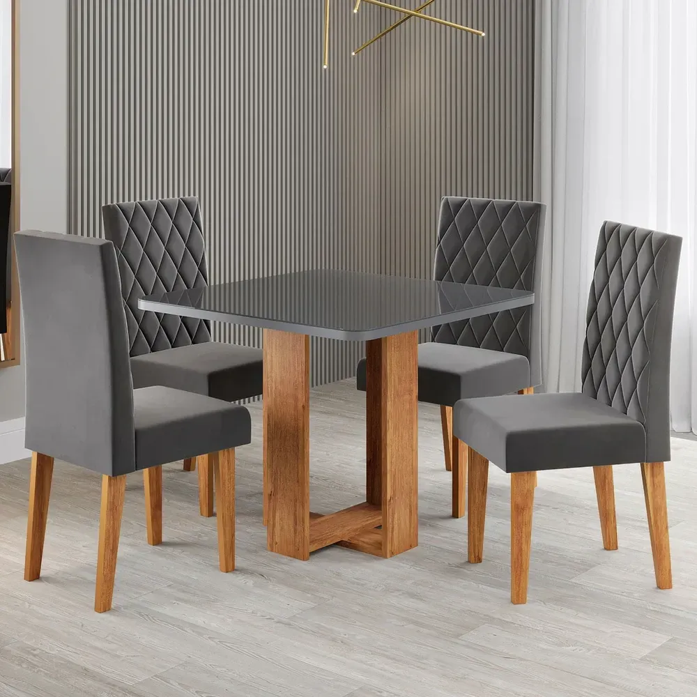 Mesa de Jantar 4 Lugares Magiore com Vidro Mel/Grafite/Veludo Cinza - Viero Móveis - 1
