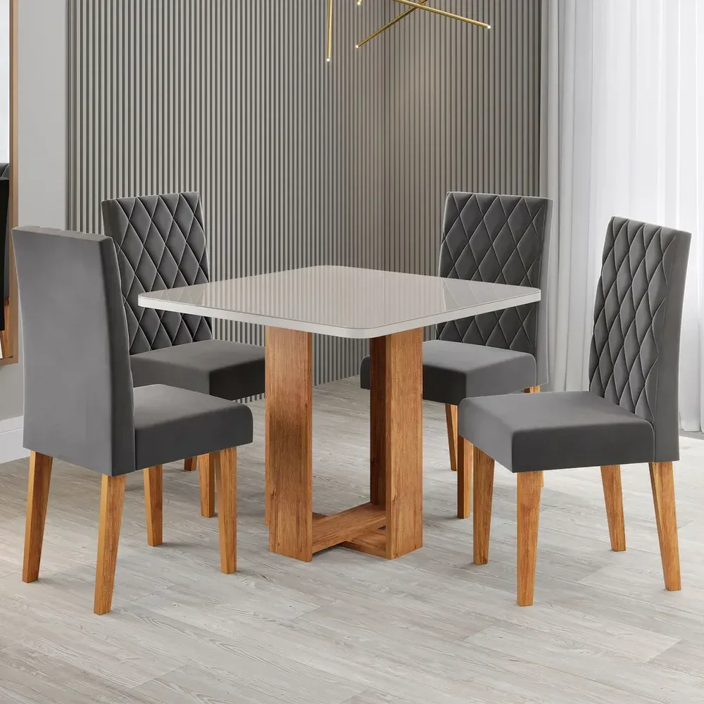 Mesa de Jantar 4 Lugares Magiore com Vidro Mel/Off White/Veludo Cinza - Viero Móveis - 1