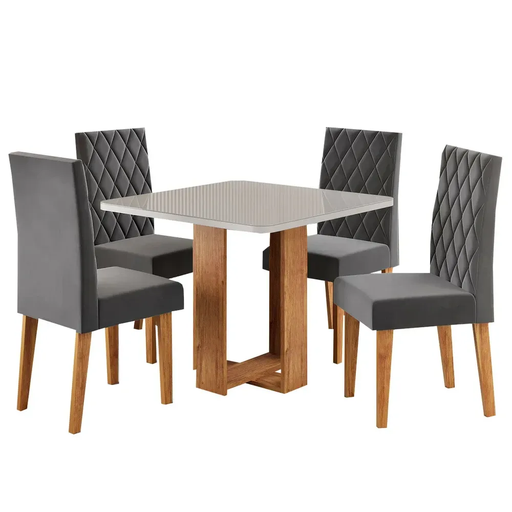 Mesa de Jantar 4 Lugares Magiore com Vidro Mel/Off White/Veludo Cinza - Viero Móveis - 2