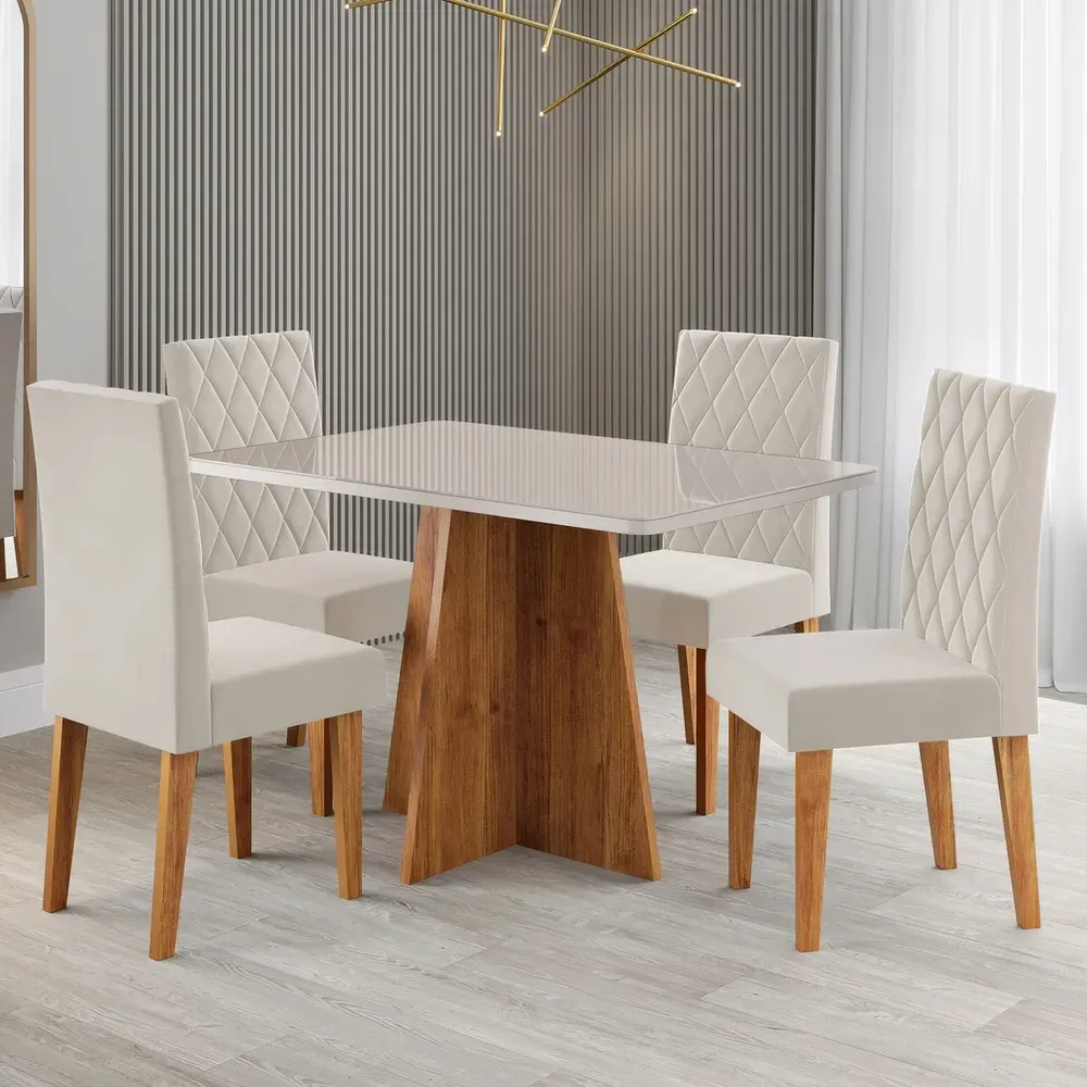 Mesa de Jantar 4 Lugares Antonella Mel/Blonde/Veludo Pastel - Viero Móveis - 1