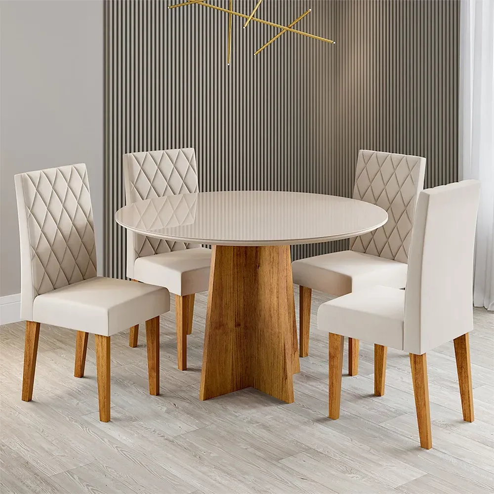 Mesa de Jantar 4 Lugares Volpi com Vidro Mel/Off White/Marfim - Viero Móveis - 1