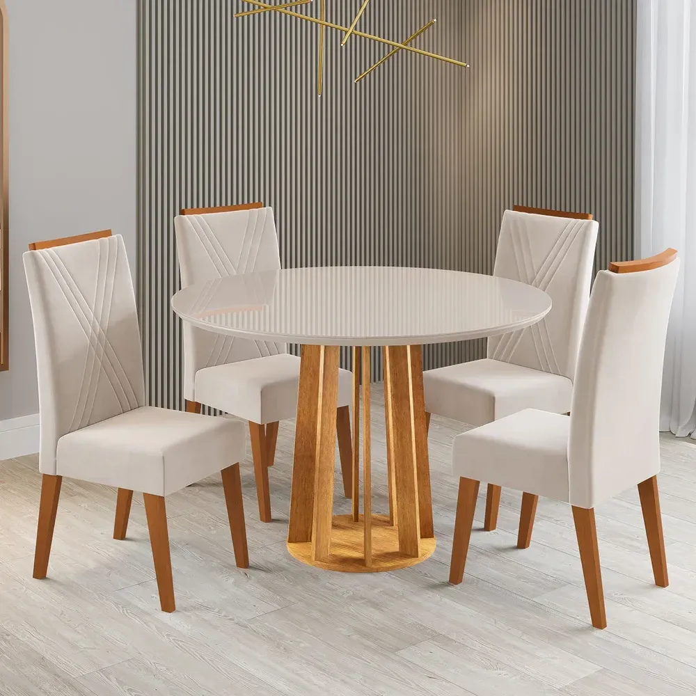 Mesa de Jantar 4 Lugares Finestra com Vidro Mel/Off White/Pastel - Viero Móveis - 1