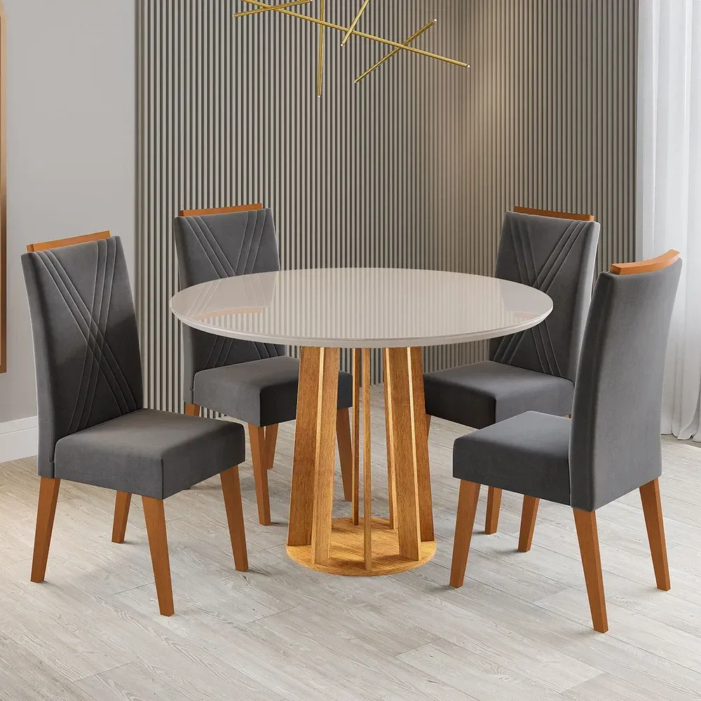 Mesa de Jantar 4 Lugares Finestra com Vidro Mel/Off White/Cinza - Viero Móveis - 1