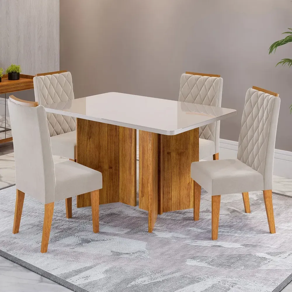 Mesa de Jantar 4 Lugares Linden com Vidro Mel/Off White/Pastel - Viero Móveis - 1