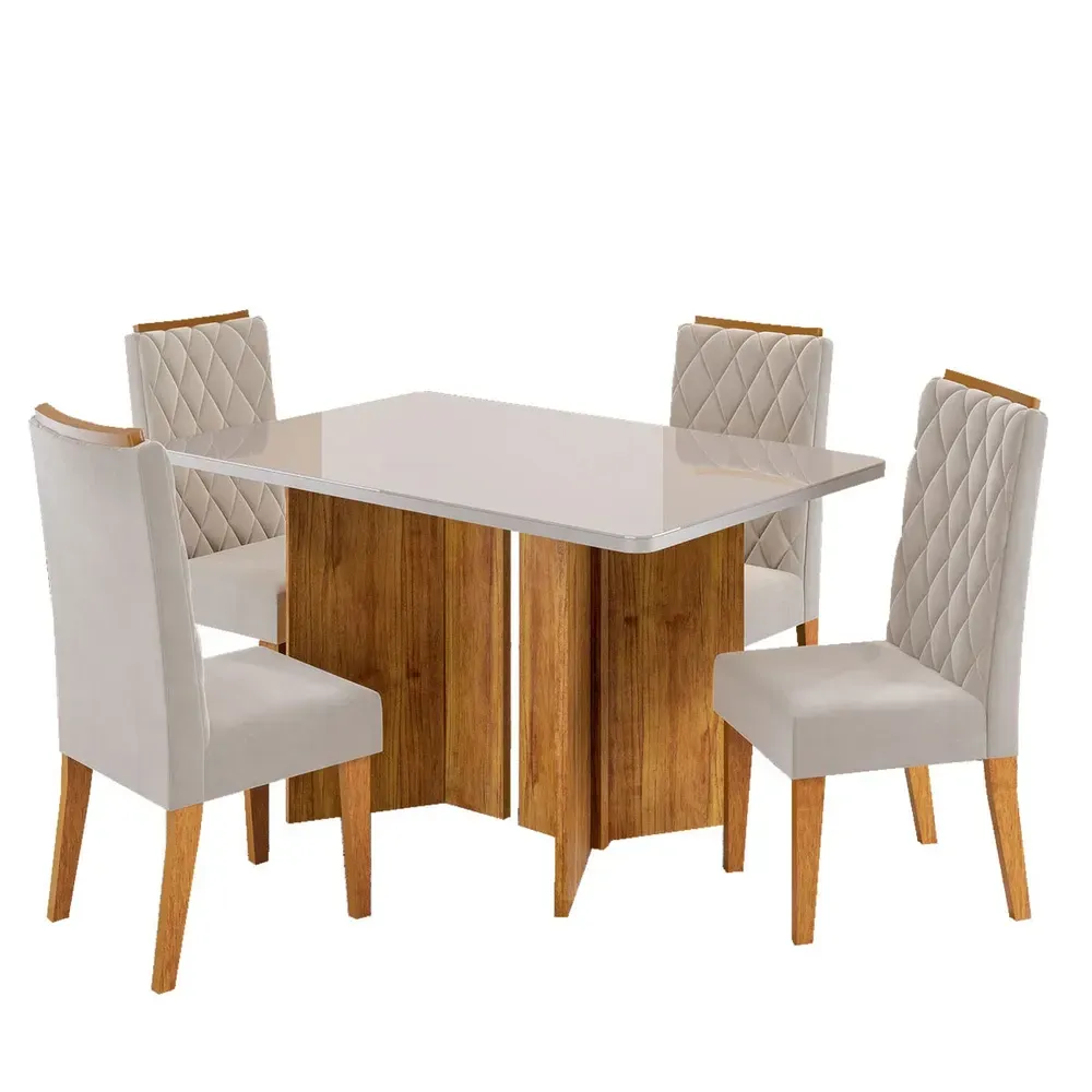 Mesa de Jantar 4 Lugares Linden com Vidro Mel/Off White/Pastel - Viero Móveis - 2