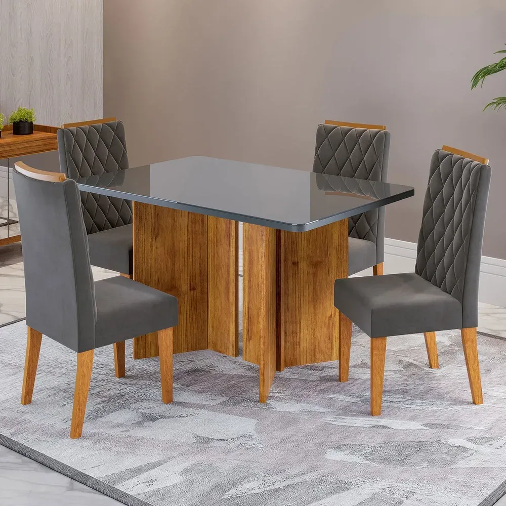 Mesa de Jantar 4 Lugares Linden com Vidro Mel/Grafite/Cinza - Viero Móveis - 1
