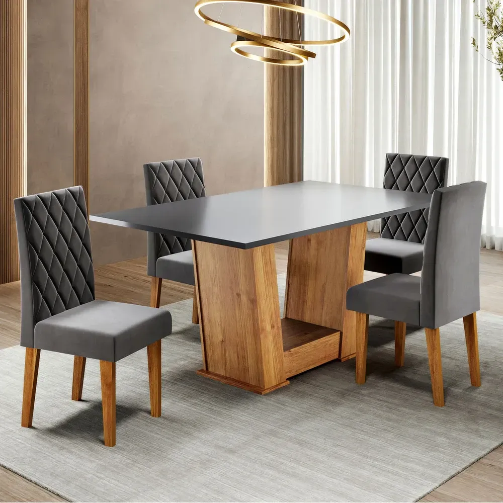 Mesa de Jantar 4 Lugares Floripa Mel/Cinza/Veludo Cinza - Viero Móveis - 1