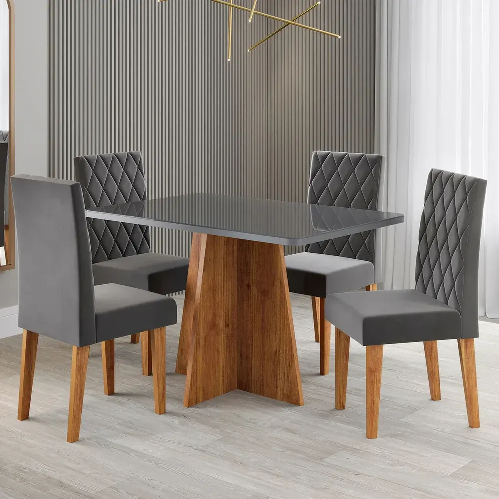 Mesa de Jantar 4 Lugares Antonella com Vidro Mel/Grafite/Veludo Cinza - Viero Móveis - 1