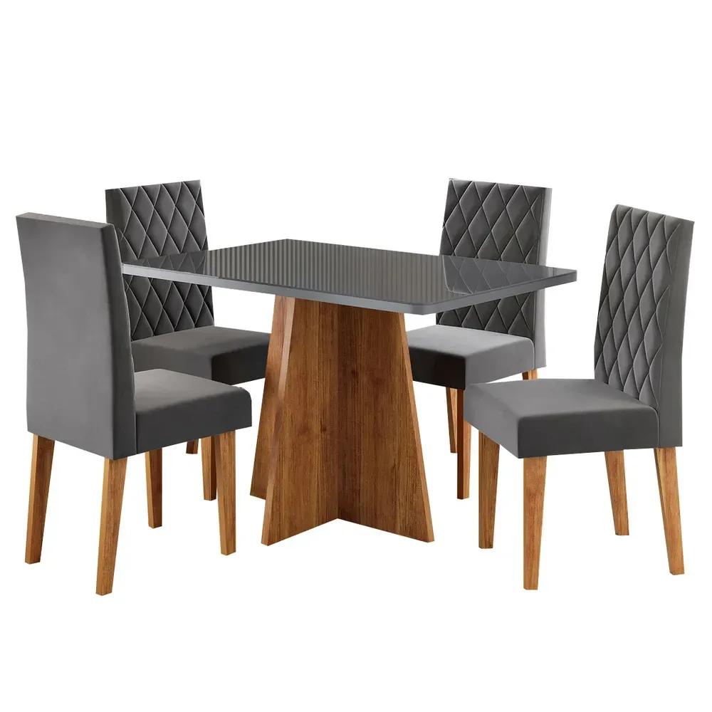 Mesa de Jantar 4 Lugares Antonella com Vidro Mel/Grafite/Veludo Cinza - Viero Móveis - 2