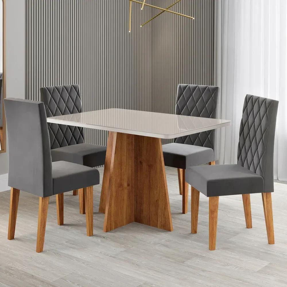 Mesa de Jantar 4 Lugares Antonella com Vidro Mel/Off White/Veludo Cinza - Viero Móveis - 1