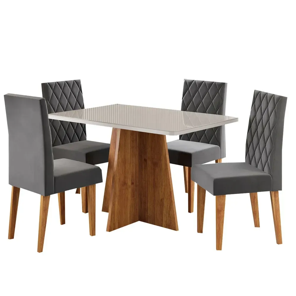 Mesa de Jantar 4 Lugares Antonella com Vidro Mel/Off White/Veludo Cinza - Viero Móveis - 2