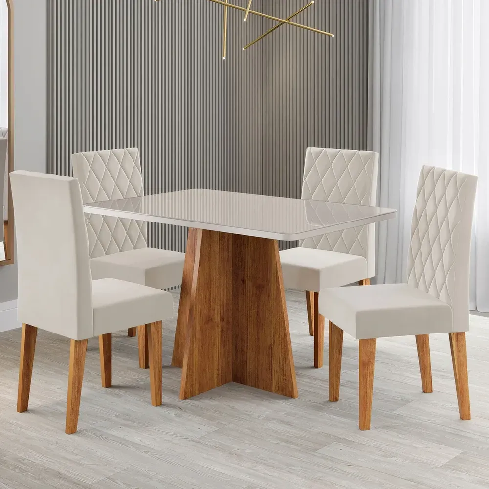 Mesa de Jantar 4 Lugares Antonella com Vidro Mel/Off White/Veludo Pastel - Viero Móveis - 1