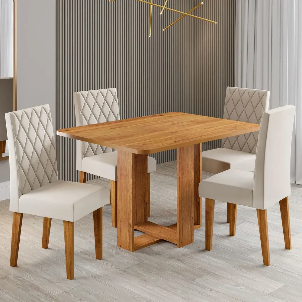 Mesa de Jantar 4 Lugares Afrodite Mel/Veludo Pastel - Viero Móveis - 1