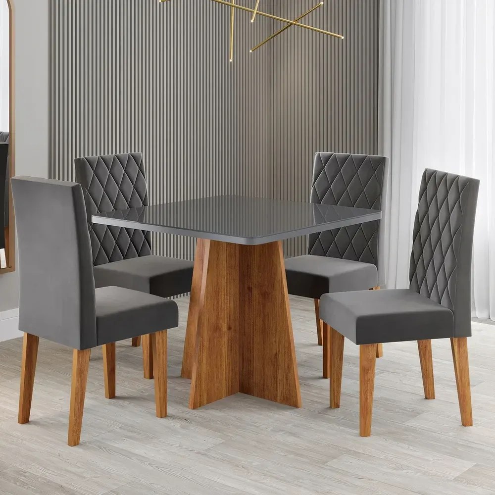 Mesa de Jantar 4 Lugares Evah Mel/Cinza/Veludo Cinza - Viero Móveis - 1