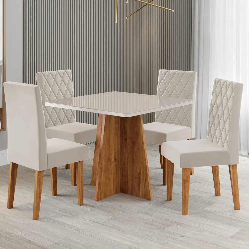 Mesa de Jantar 4 Lugares Evah Mel/Blonde/Veludo Pastel - Viero Móveis - 1