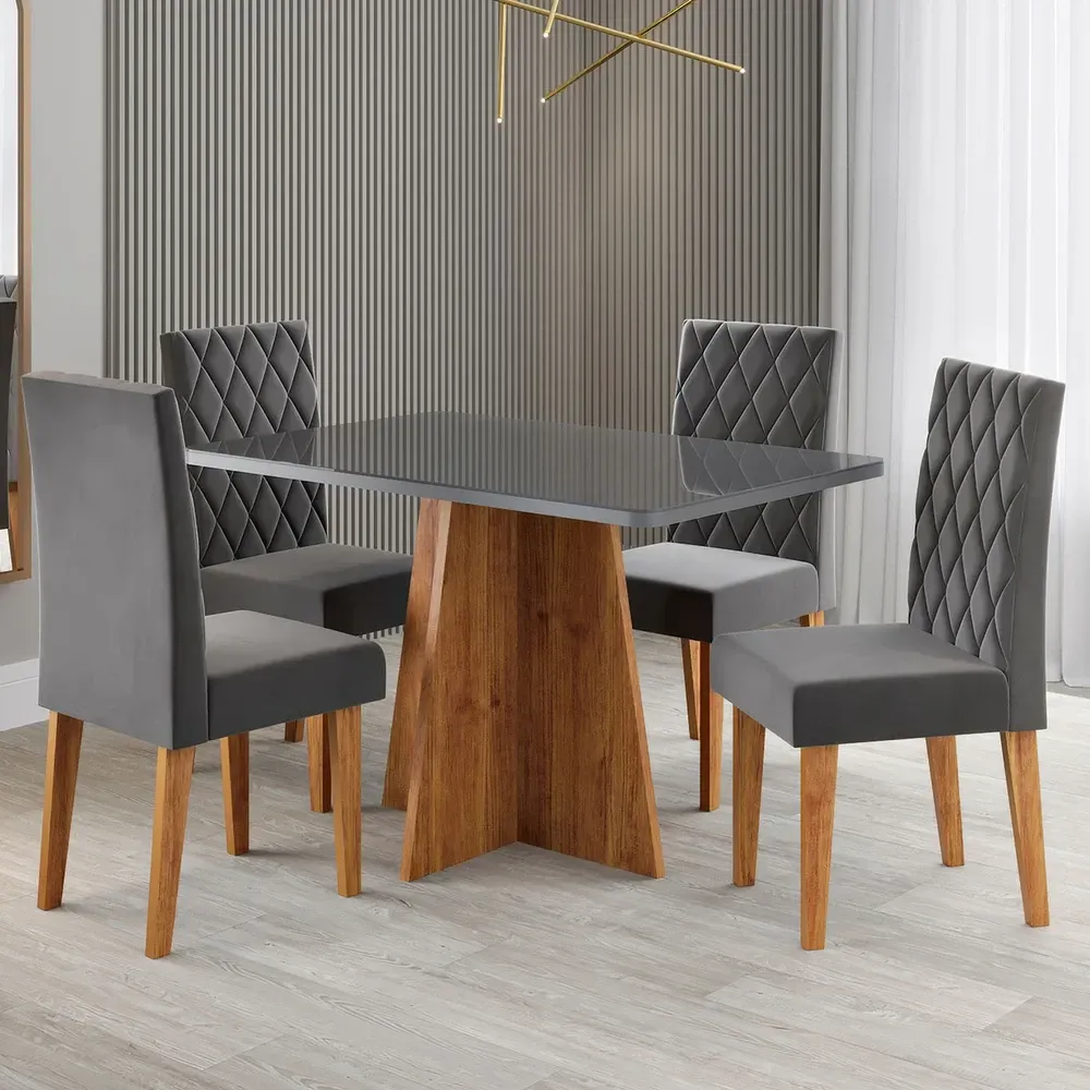 Mesa de Jantar 4 Lugares Antonella Mel/Cinza/Veludo Cinza - Viero Móveis - 1