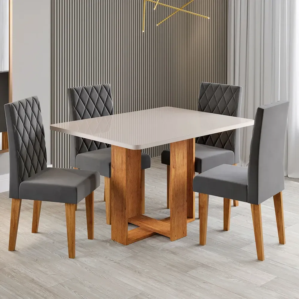 Mesa de Jantar 4 Lugares Afrodite com Vidro Mel/Off White/Veludo Cinza - Viero Móveis - 1