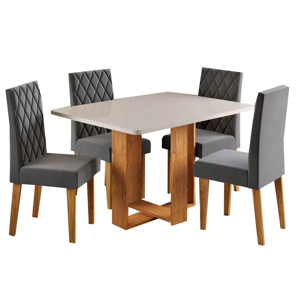 Mesa de Jantar 4 Lugares Afrodite com Vidro Mel/Off White/Veludo Cinza - Viero Móveis - 2