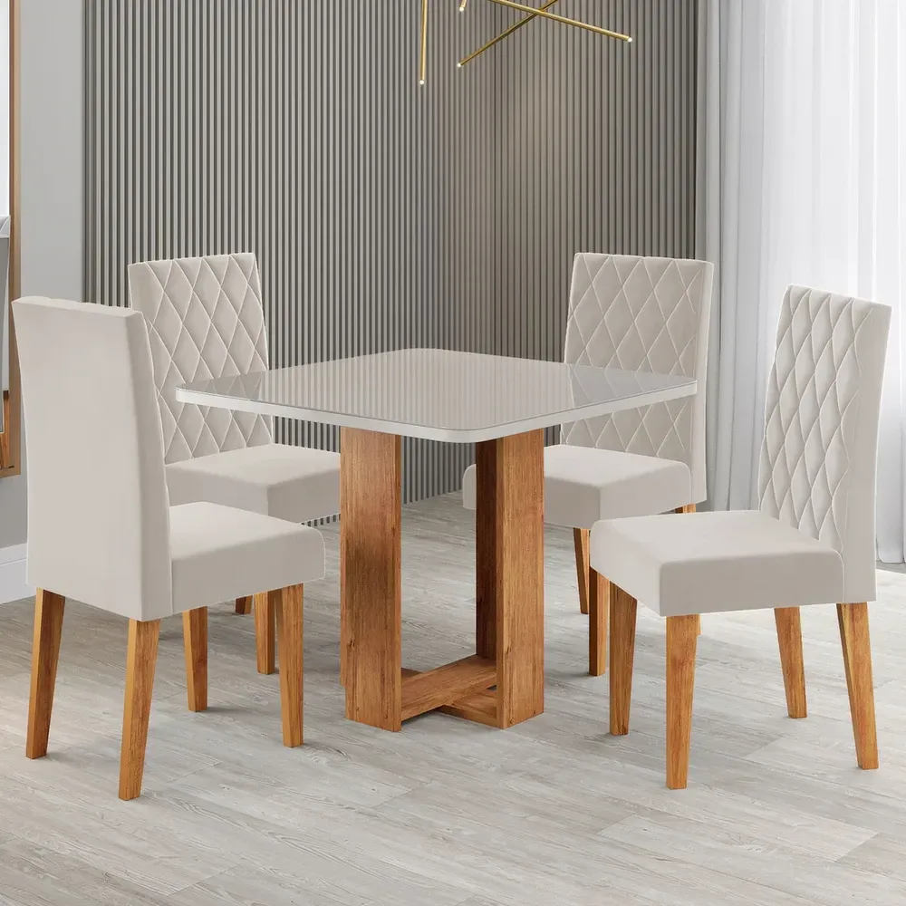 Mesa de Jantar 4 Lugares Magiore com Vidro Mel/Off White/Veludo Pastel - Viero Móveis - 1
