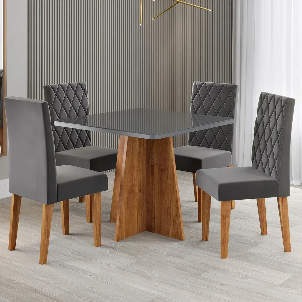 Mesa de Jantar 4 Lugares Evah com Vidro Mel/Grafite/Veludo Cinza - Viero Móveis - 1