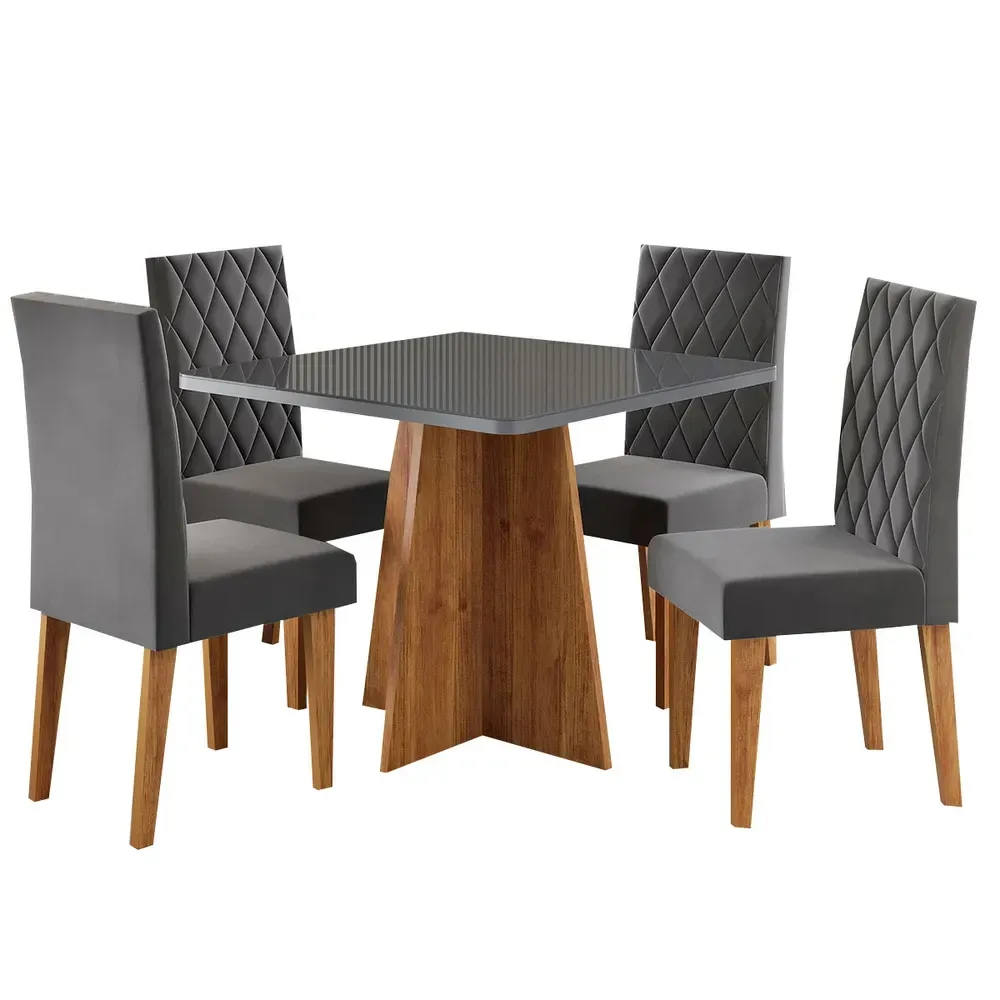 Mesa de Jantar 4 Lugares Evah com Vidro Mel/Grafite/Veludo Cinza - Viero Móveis - 2