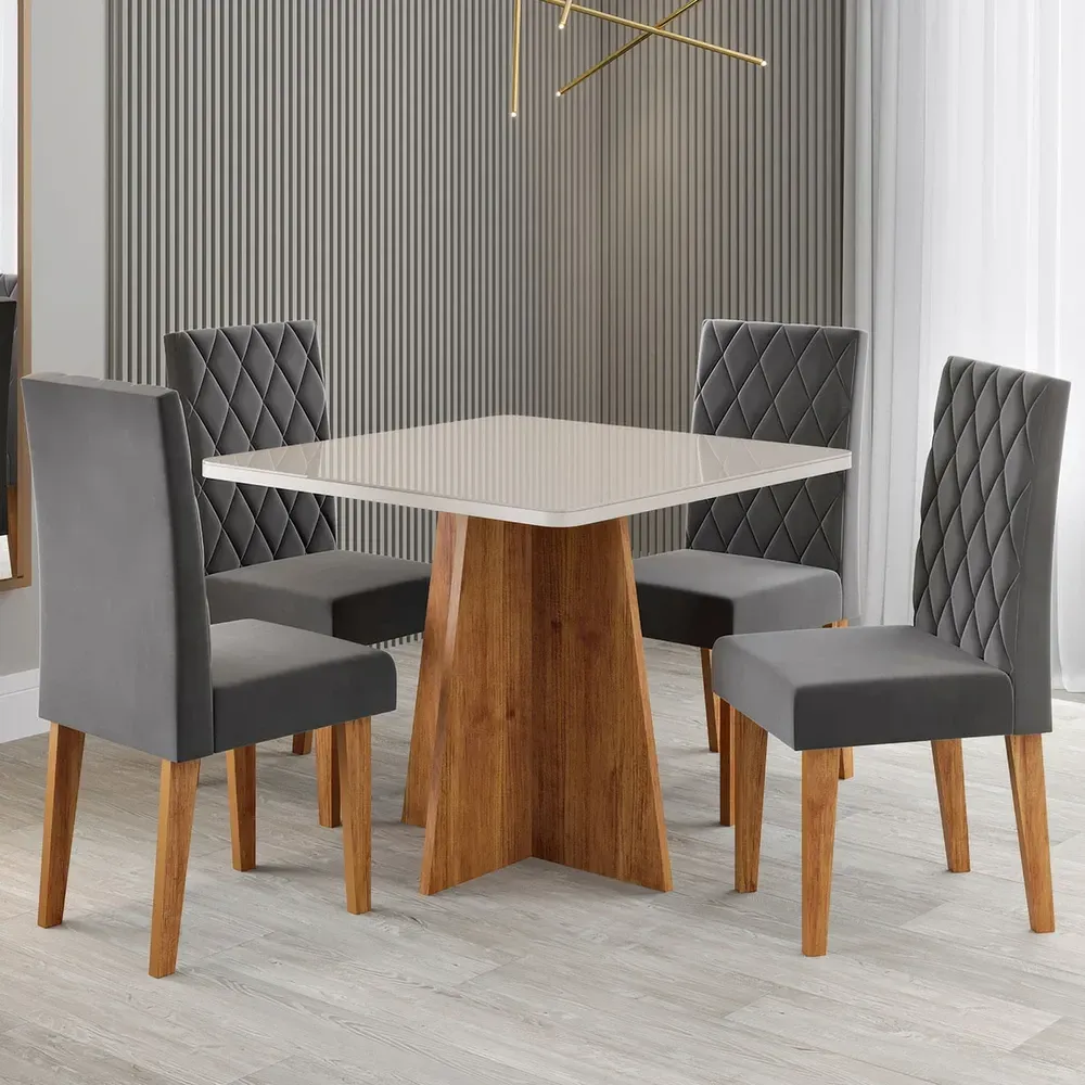 Mesa de Jantar 4 Lugares Evah com Vidro Mel/Off White/Veludo Cinza - Viero Móveis - 1