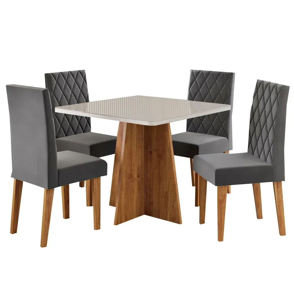 Mesa de Jantar 4 Lugares Evah com Vidro Mel/Off White/Veludo Cinza - Viero Móveis - 2
