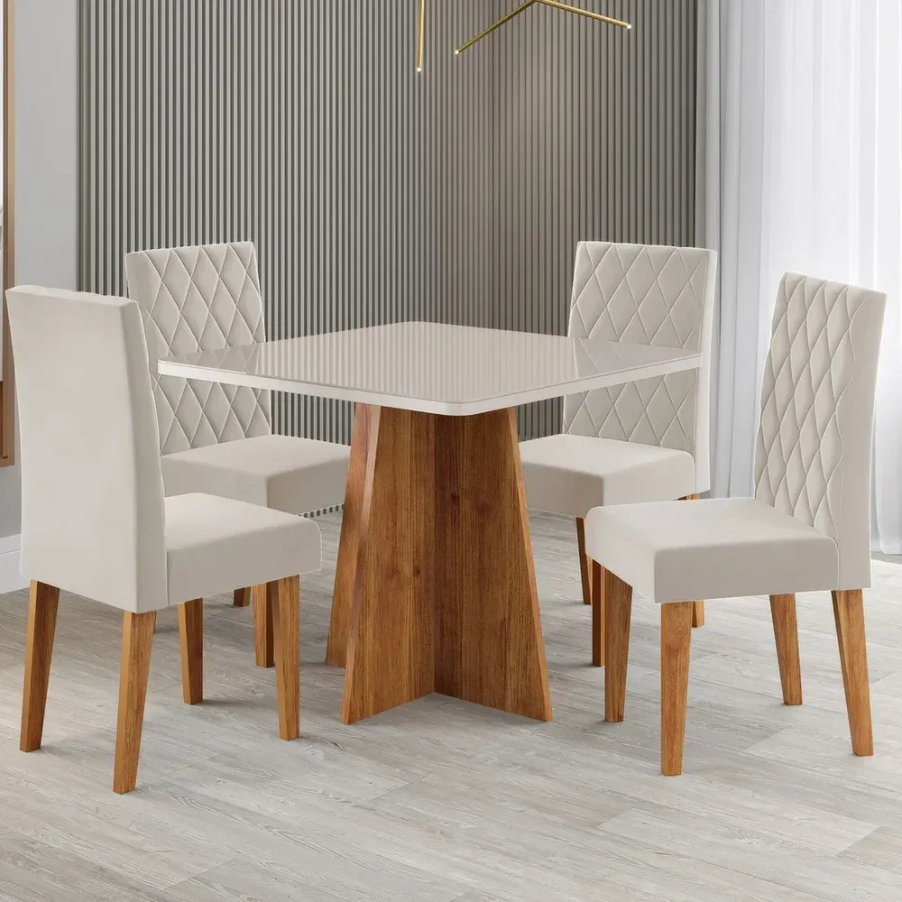Mesa de Jantar 4 Lugares Evah com Vidro Mel/Off White/Veludo Pastel - Viero Móveis - 1