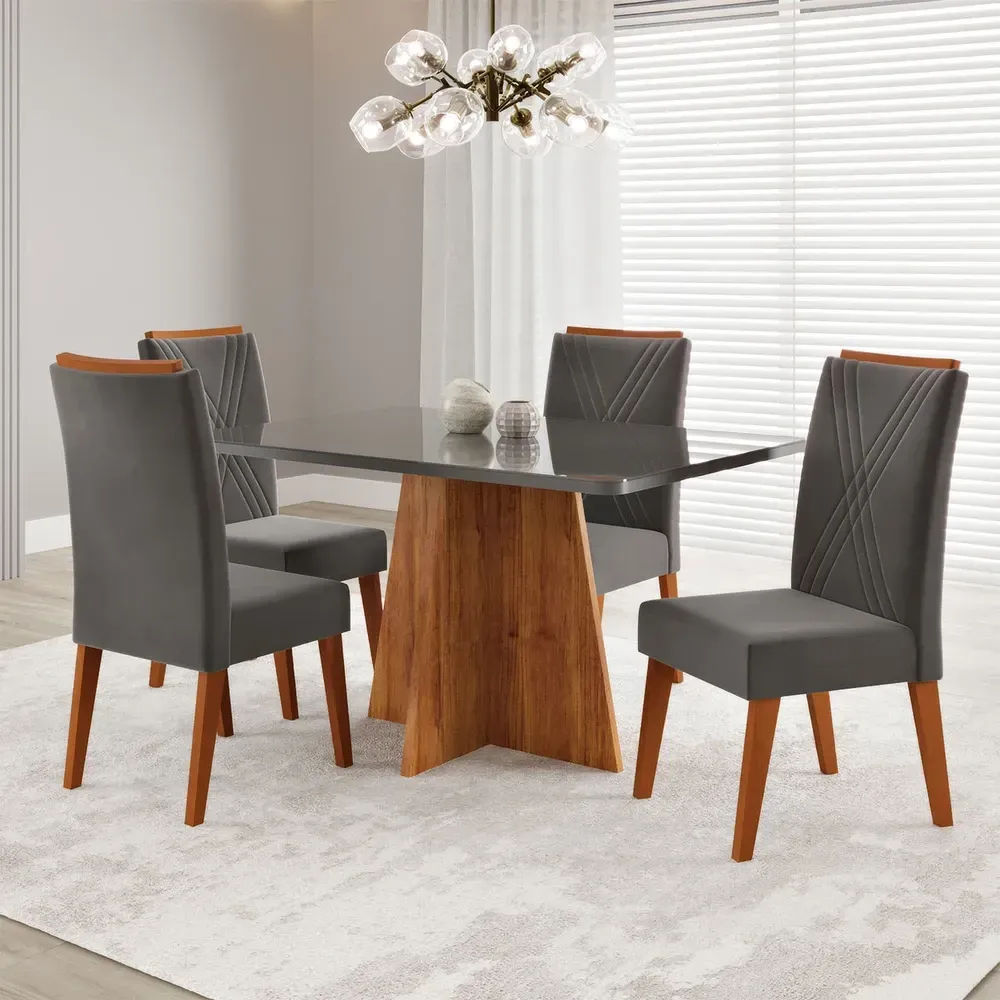 Mesa de Jantar 4 Lugares Stilo com Vidro Mel/Vidro Grafite/Veludo Cinza - Viero Móveis - 1