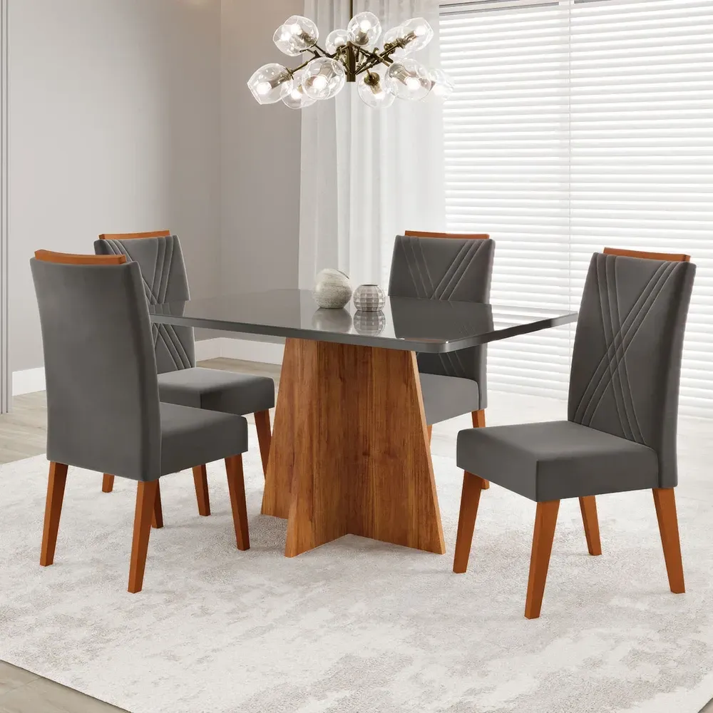 Mesa de Jantar 4 Lugares Stilo Mel/Cinza/Veludo Cinza - Viero Móveis - 1