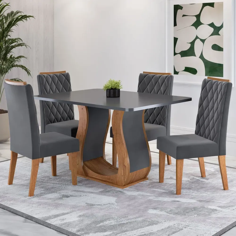 Mesa de Jantar 4 Lugares Lana Mel/Cinza/Veludo Cinza - Viero Móveis - 1